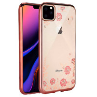Луксозен силиконов гръб ТПУ ултратънък с 3D камъни и златисто розов кант за Apple iPhone 11 Pro 5.8 розови цветя 